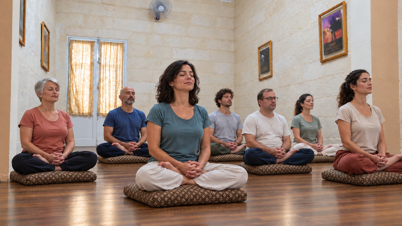 People sitting on cushions in half-lotus meditation in the Malta yoga classroom
