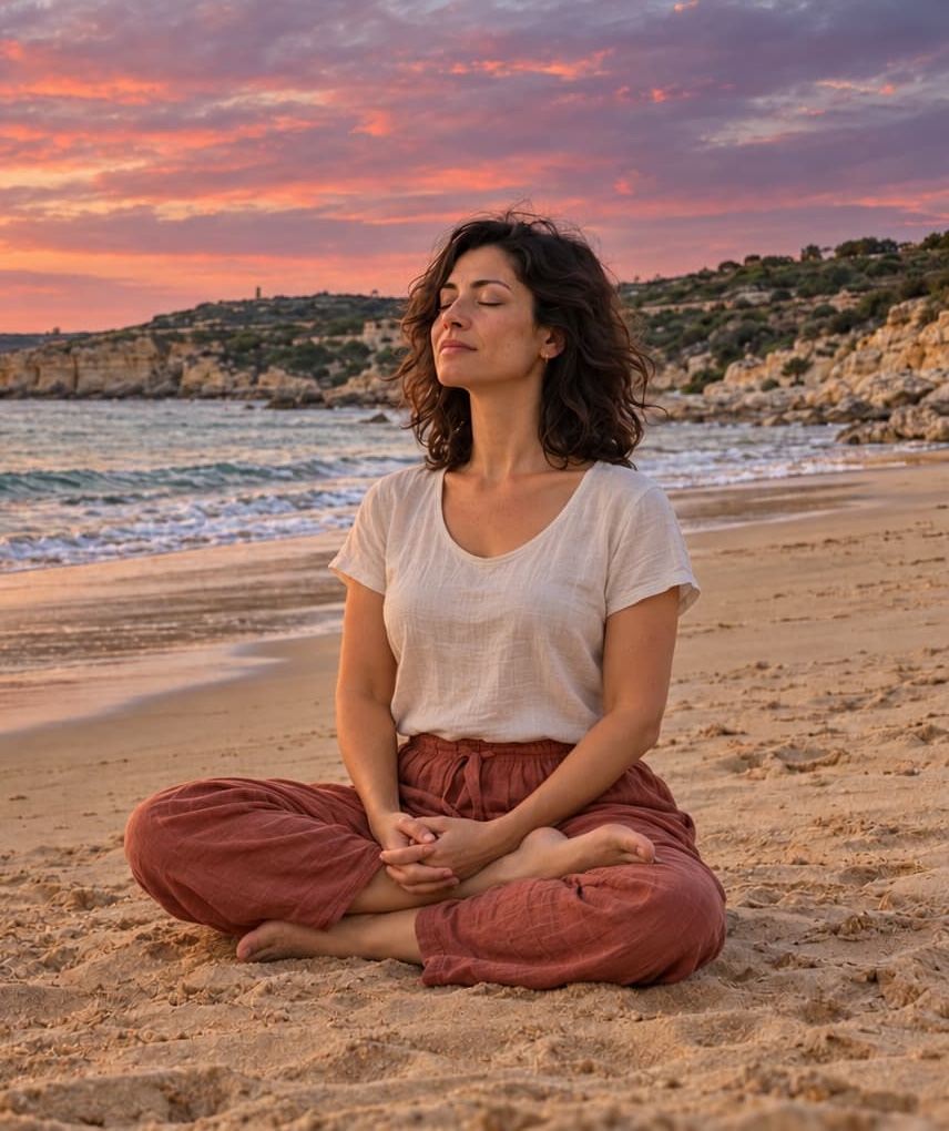 A woman meditating in half lotus on a Maltese beach at sunset